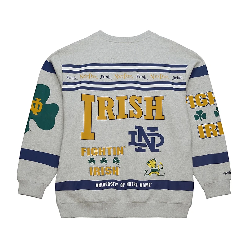 Men's Mitchell & Ness Heather Gray Notre Dame Fighting Irish All Over Print Sweatshirt
