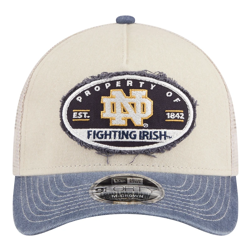 Men's New Era Stone/Navy Notre Dame Fighting Irish Frayed Patch 9FORTY M-Crown A-Frame Trucker Adjustable Hat