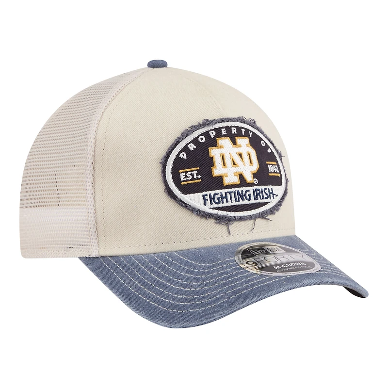 Men's New Era Stone/Navy Notre Dame Fighting Irish Frayed Patch 9FORTY M-Crown A-Frame Trucker Adjustable Hat