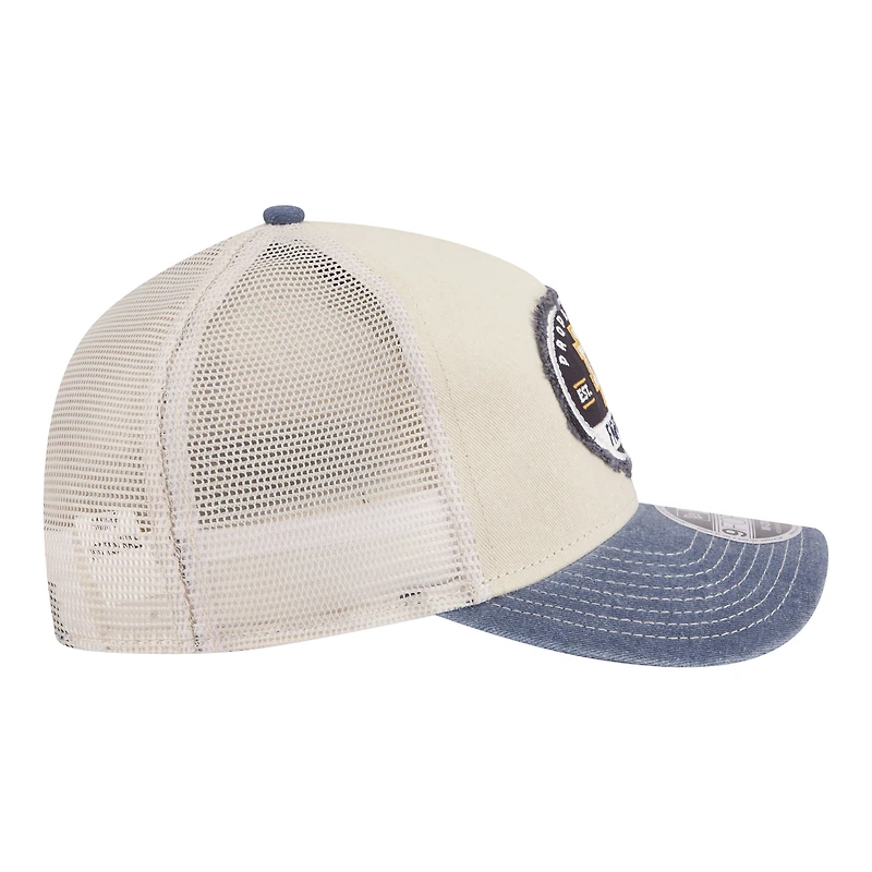 Men's New Era Stone/Navy Notre Dame Fighting Irish Frayed Patch 9FORTY M-Crown A-Frame Trucker Adjustable Hat