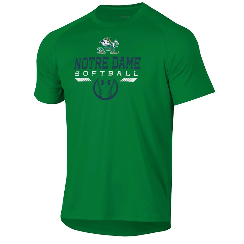 T-shirt de performance Under Armour vert pour homme, motif raglan, icône softball Notre Dame Fighting Irish