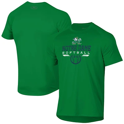 T-shirt de performance Under Armour vert pour homme, motif raglan, icône softball Notre Dame Fighting Irish