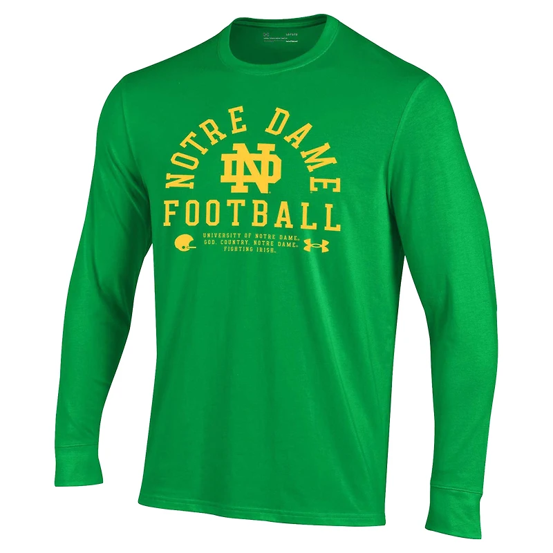 T-shirt de football Under Armour Kelly Green pour homme, coupe Performance, en coton, Notre Dame Fighting Irish 2025