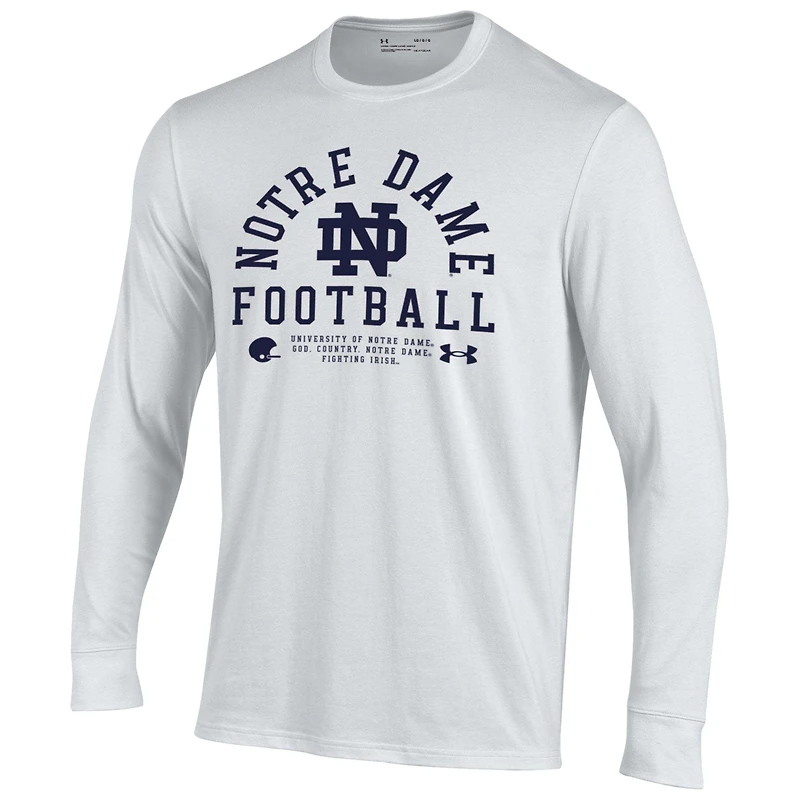 T-shirt de football Under Armour blanc à manches longues pour homme, motif Fighting Irish Notre Dame 2025.