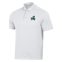 Polo piqué Under Armour blanc pour homme, modèle Leprechaun T2G, de l'équipe basketball Notre Dame Fighting Irish.