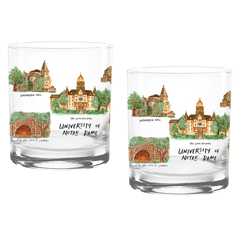 Lot de 2 verres à whisky Notre Dame Fighting Irish de 14 oz. Ensemble de roches universitaires Laura Wilcox