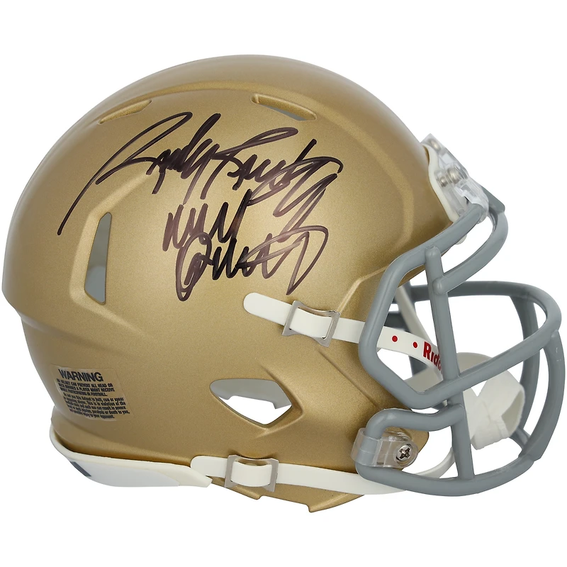 Casque Riddell Speed Mini doré autographié par Rudy Ruettiger des Fighting Irish de Notre Dame avec inscription « Never Quit »