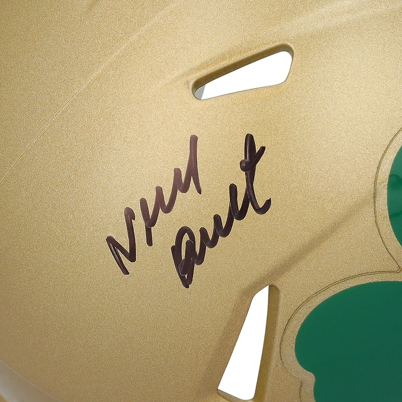 Rudy Ruettiger Notre Dame Fighting Irish Autographed Gold Shamrock Riddell Speed Mini Helmet with "Never Quit" Inscription
