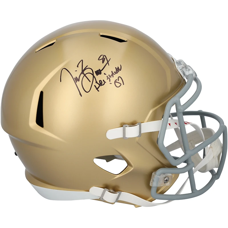 Casque Riddell Speed ​​autographié par Tim Brown des Fighting Irish de Notre Dame avec inscription « Heisman 87 »