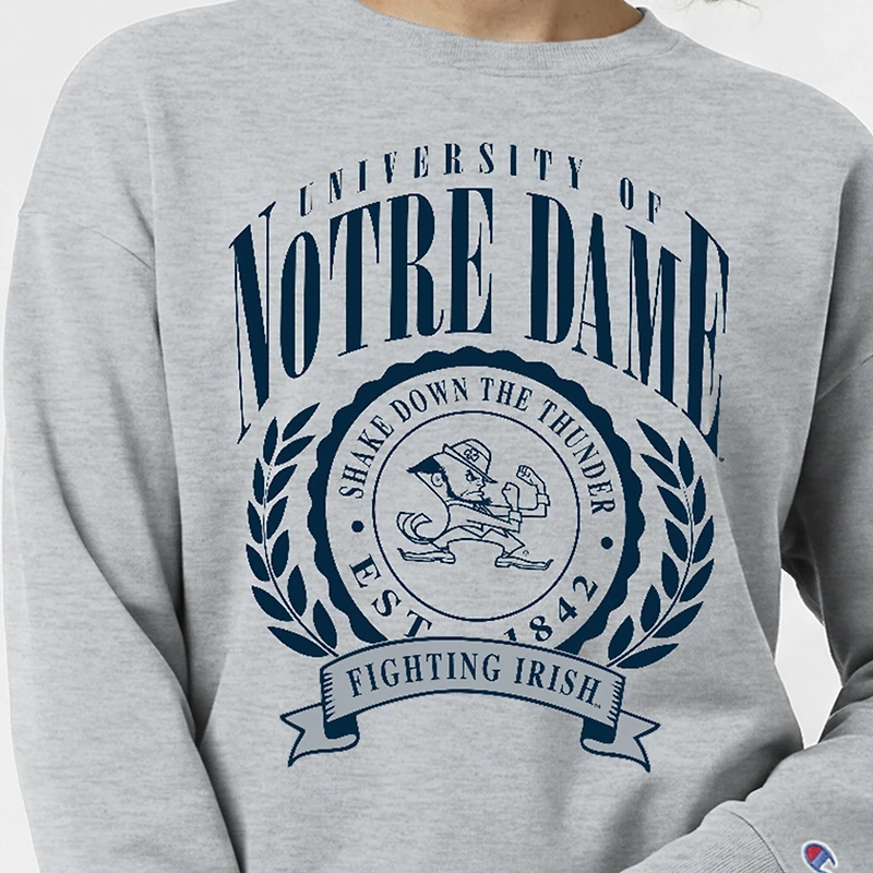 Women's Champion  Heather Gray Notre Dame Fighting Irish Academic Crest Powerblend Crewneck Sweatshirt