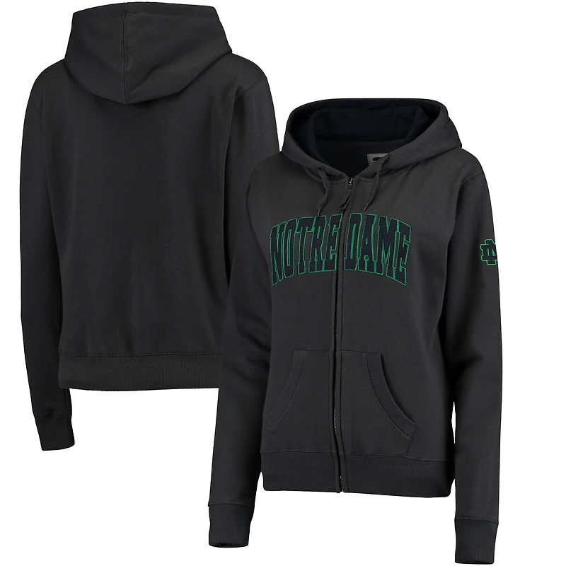 Sweat à capuche zippé pour femme, couleur anthracite, avec inscription en arc de cercle « Notre Dame Fighting Irish ».