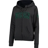 Sweat à capuche zippé pour femme, couleur anthracite, avec inscription en arc de cercle « Notre Dame Fighting Irish ».