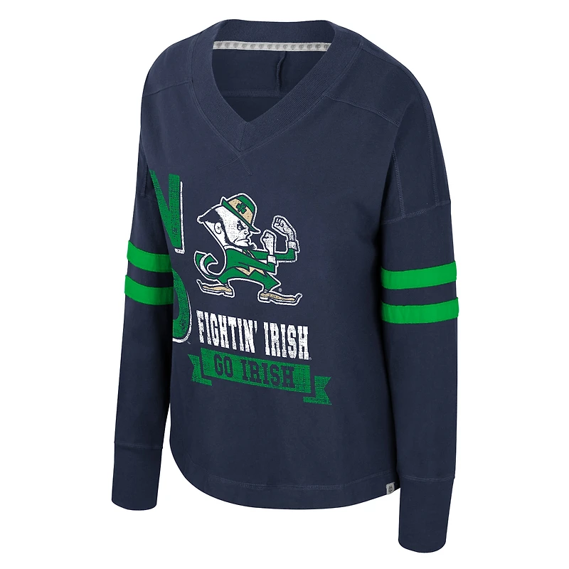 Women's Colosseum  Navy Notre Dame Fighting Irish Oversized Violet Distressed V-Neck Long Sleeve T-Shirt