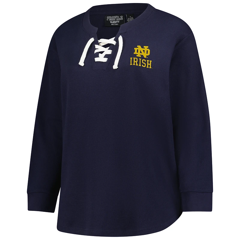 T-shirt à manches longues en maille gaufrée lacets pour femme, bleu marine, motif Fighting Irish de Notre Dame, grande taille