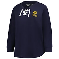 T-shirt à manches longues en maille gaufrée lacets pour femme, bleu marine, motif Fighting Irish de Notre Dame, grande taille