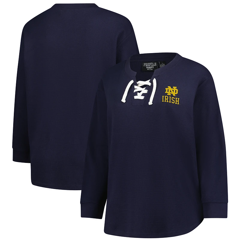 T-shirt à manches longues en maille gaufrée lacets pour femme, bleu marine, motif Fighting Irish de Notre Dame, grande taille