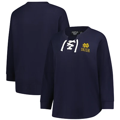 T-shirt à manches longues en maille gaufrée lacets pour femme, bleu marine, motif Fighting Irish de Notre Dame, grande taille