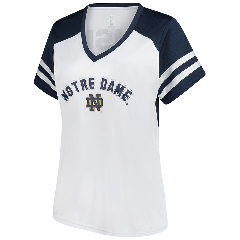 T-shirt blanc à rayures et col en V pour femme, motif Fighting Irish de Notre Dame, grande taille, avec manches pailletées strass