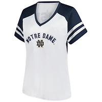 T-shirt blanc à rayures et col en V pour femme, motif Fighting Irish de Notre Dame, grande taille, avec manches pailletées strass