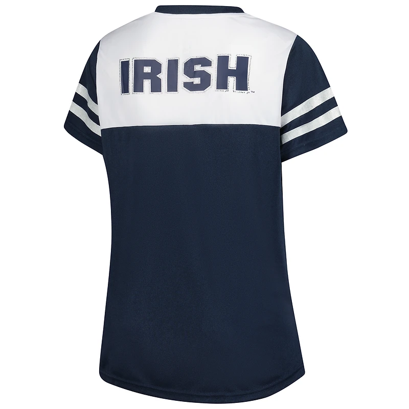 T-shirt blanc à rayures et col en V pour femme, motif Fighting Irish de Notre Dame, grande taille, avec manches pailletées strass