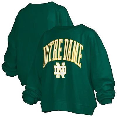 Sweat-shirt surdimensionné vert pour femme avec logo Janise Arch Over et Notre Dame Fighting Irish, longueur à la taille