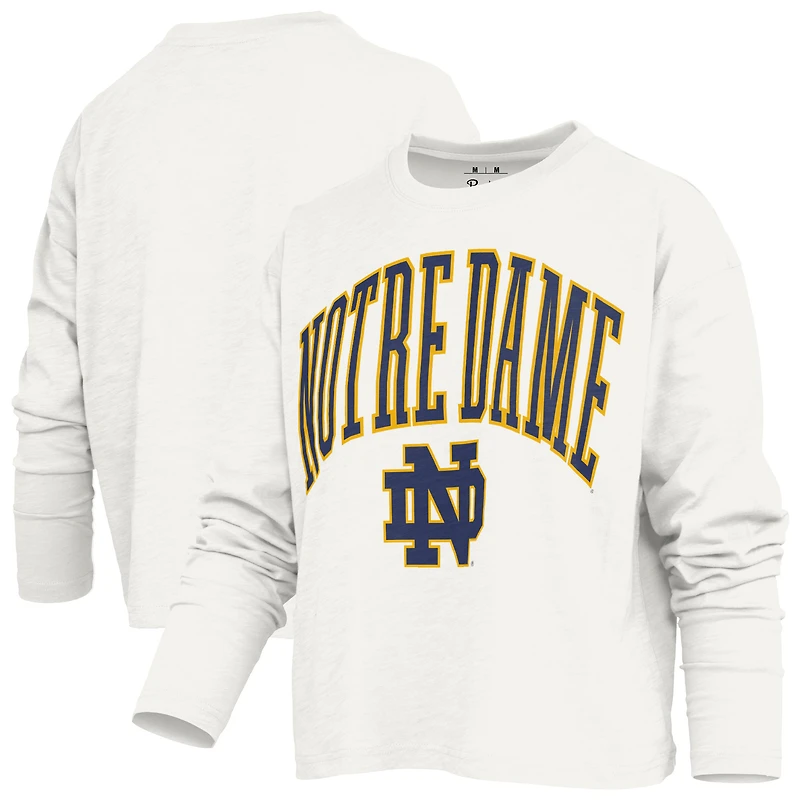 T-shirt à manches longues et coupe carrée pour femme, modèle Pressbox White Notre Dame Fighting Irish Motley.