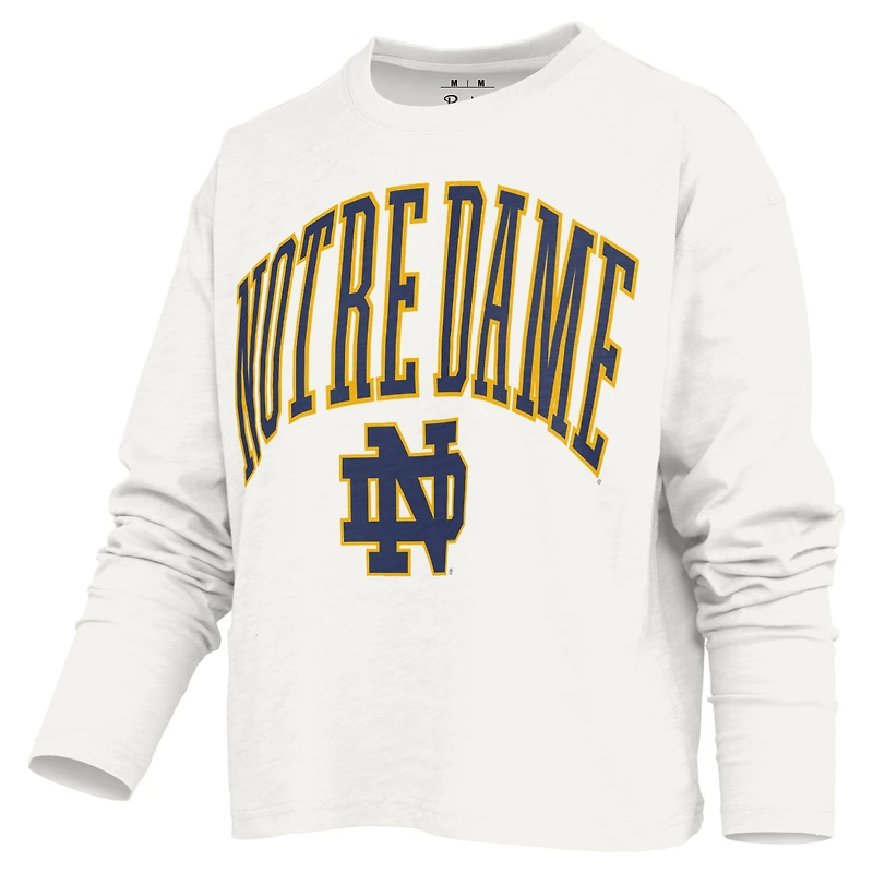 T-shirt à manches longues et coupe carrée pour femme, modèle Pressbox White Notre Dame Fighting Irish Motley.