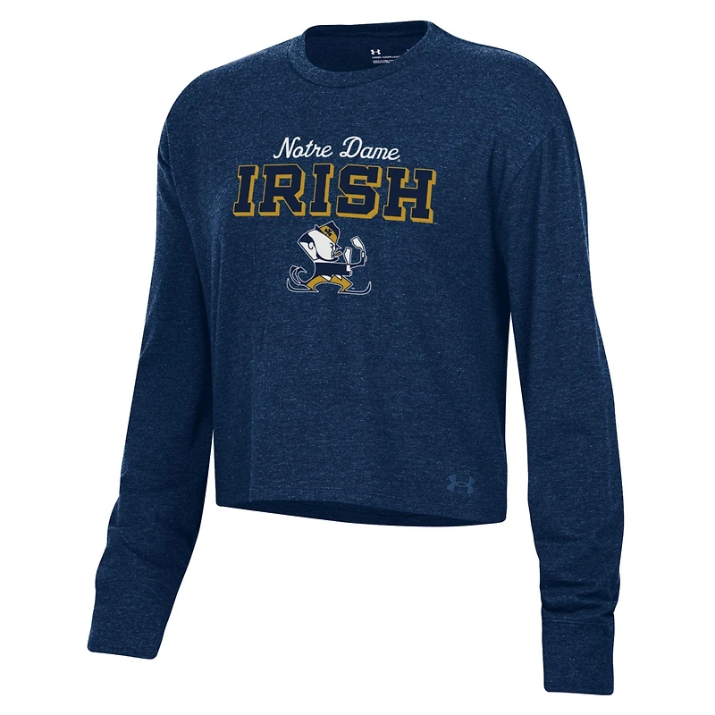 Women's Under Armour Heather Navy Notre Dame Fighting Irish Essentials Icon Ultra-Soft Cropped Long Sleeve Tri-Blend Performance T-Shirt