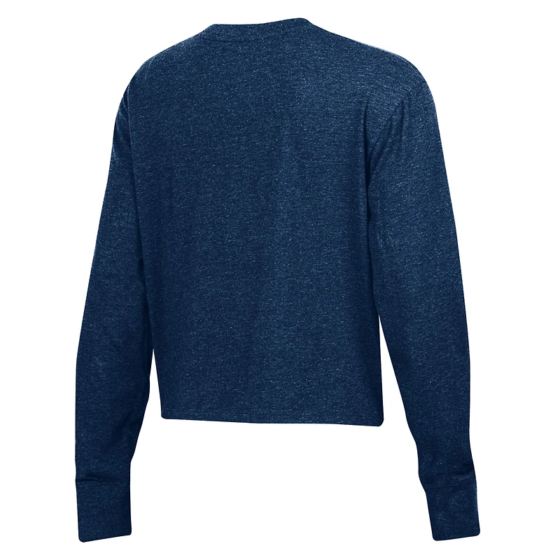Women's Under Armour Heather Navy Notre Dame Fighting Irish Essentials Icon Ultra-Soft Cropped Long Sleeve Tri-Blend Performance T-Shirt