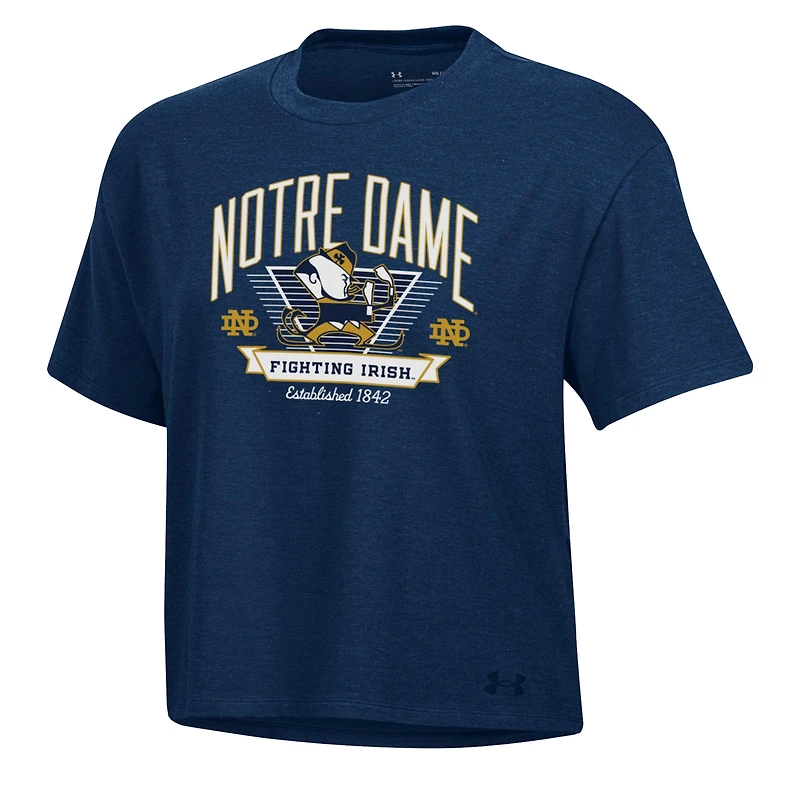 Women's Under Armour Navy Notre Dame Fighting Irish Essentials Icon Ultra-Soft Tri-Blend Boxy Cropped Performance T-Shirt