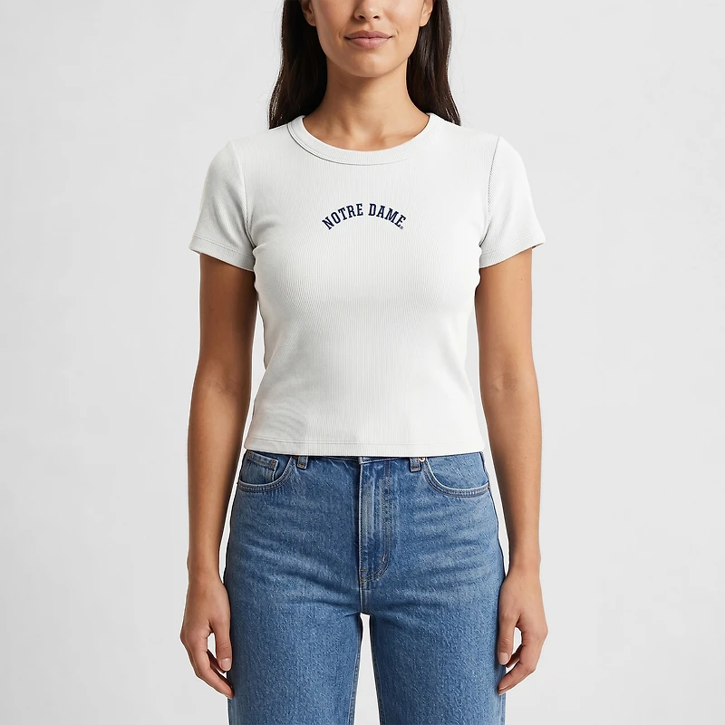 Women's Uscape Apparel  White Notre Dame Fighting Irish Upside Down Embroidery Ribbed Cropped T-Shirt