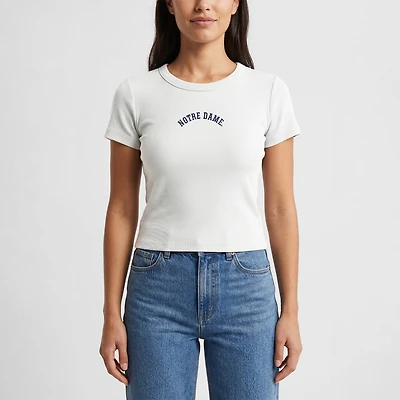 Women's Uscape Apparel  White Notre Dame Fighting Irish Upside Down Embroidery Ribbed Cropped T-Shirt