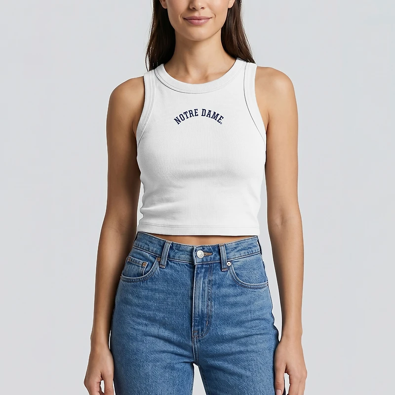 Débardeur court côtelé blanc Uscape Apparel pour femme, broderie à l'envers Notre Dame Fighting Irish