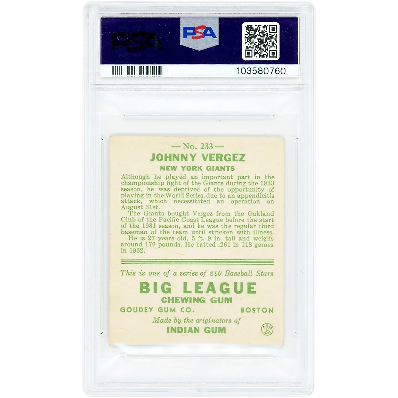 Johnny Vergez NY Giants 1933 Goudey #233 PSA Authenticated Rookie Card