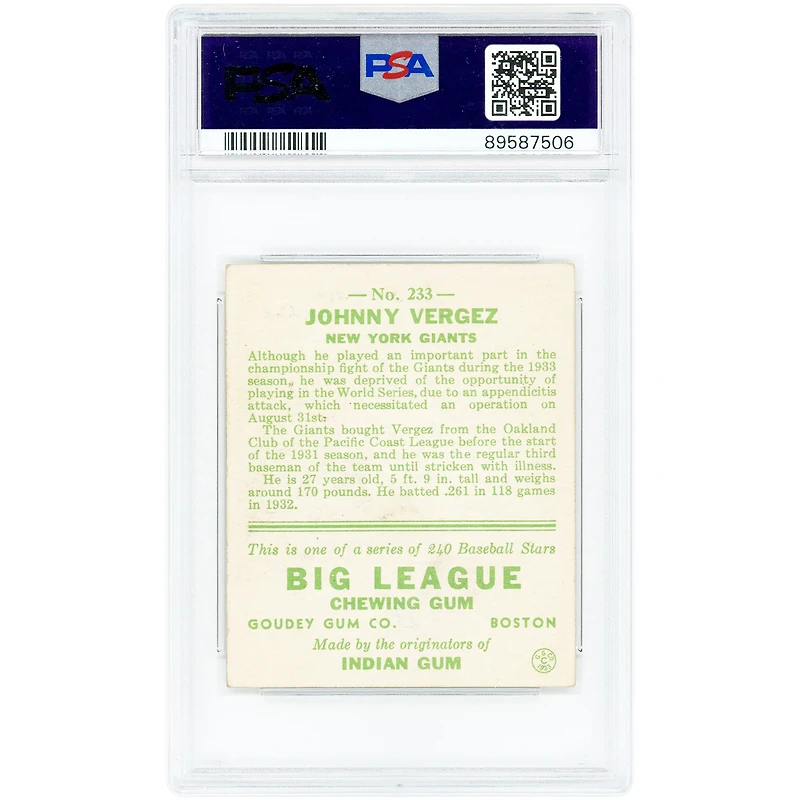 Johnny Vergez NY Giants 1933 Goudey #233 PSA Authenticated 6 Rookie Card