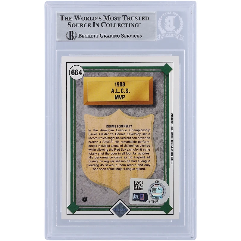 Dennis Eckersley Oakland Athletics Autographed 1989 Upper Deck Series 2 #664 Beckett Fanatics Witnessed Authenticated Card