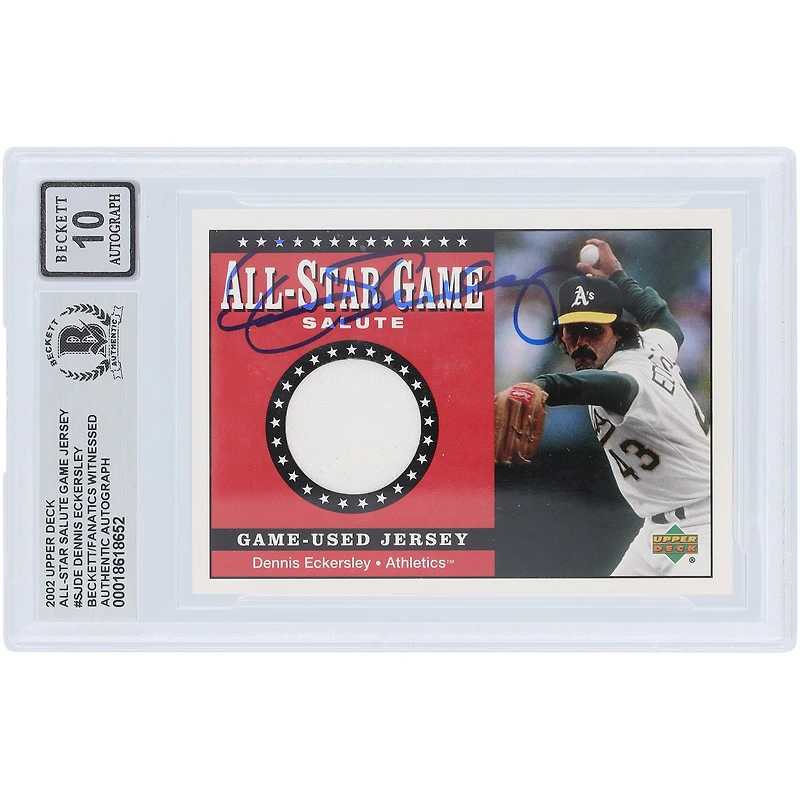 Carte autographiée par Dennis Eckersley (Oakland Athletics) de la série Upper Deck All-Star Game Salute GU Relic 2002, numéro SJ-DE, authentifiée par Beckett Fanatics Witnessed (n° 10).