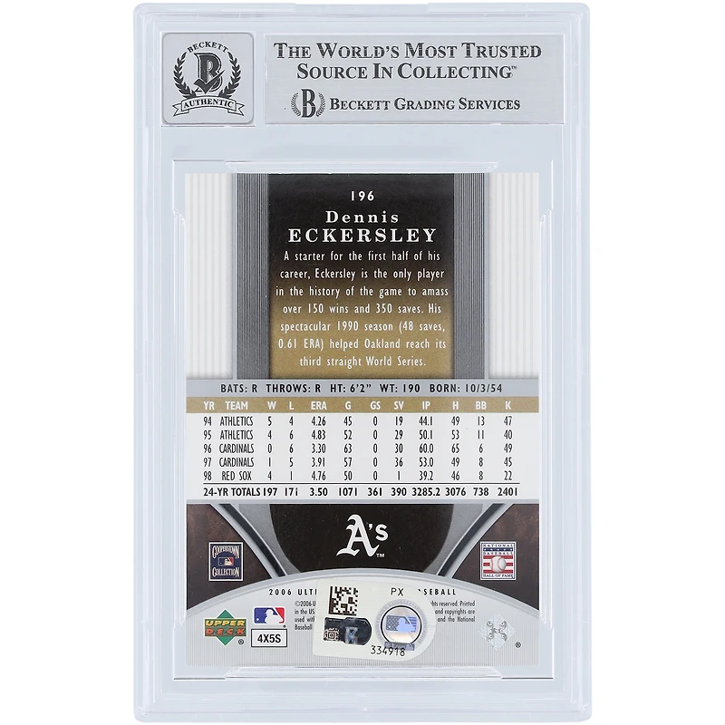 Carte autographiée de Dennis Eckersley (Oakland Athletics), édition 2006 Upper Deck Holo n° 196/799, authentifiée par Beckett Fanatics Witnessed (10 cartes).