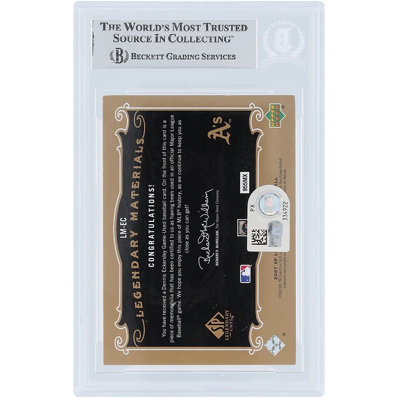 Dennis Eckersley Oakland Athletics Autographed 2007 Upper Deck SP Legendary Cuts Legendary Materials #LM-EC #/199 Beckett Fanatics Witnessed Authenticated Card