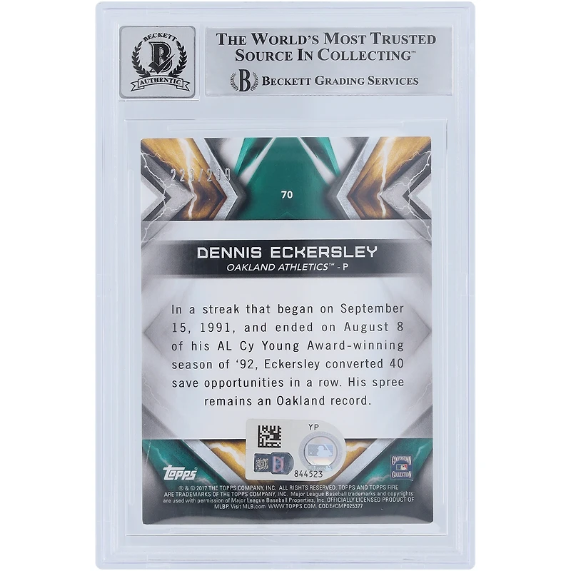 Dennis Eckersley Oakland Athletics Autographié 2017 Topps Fire Orange Variation #70 #/299 Beckett Fanatics Witnessed Authenticated 10 Card