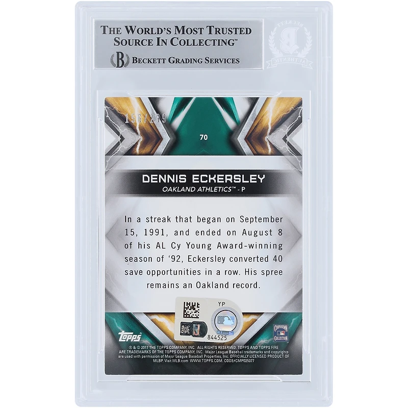 Dennis Eckersley Oakland Athletics Autographed 2017 Topps Fire Orange Variation #70 #/299 Beckett Fanatics Witnessed Authenticated Card