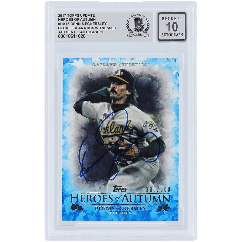 Carte autographiée de Dennis Eckersley (Oakland Athletics), Topps Update Heroes of Autumn Blue 2017, numéro HA-15/500, authentifiée par Beckett Fanatics Witnessed (10 cartes).