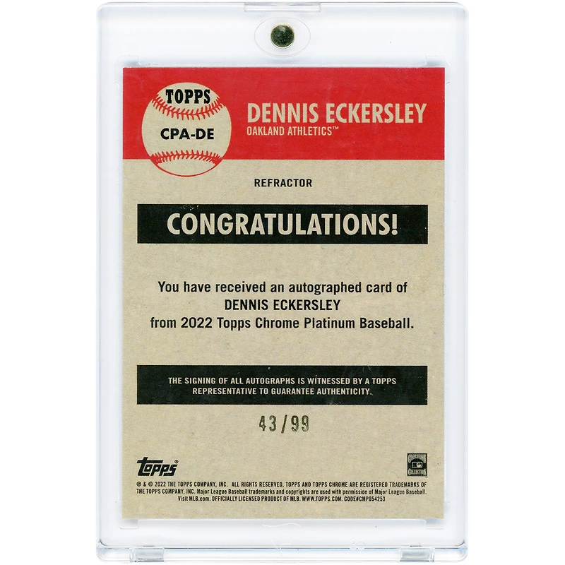 Dennis Eckersley Oakland Athletics Autographed 2022 Topps Chrome Platinum Anniversary Blue Refractor #CPA-DE #43/99 Card