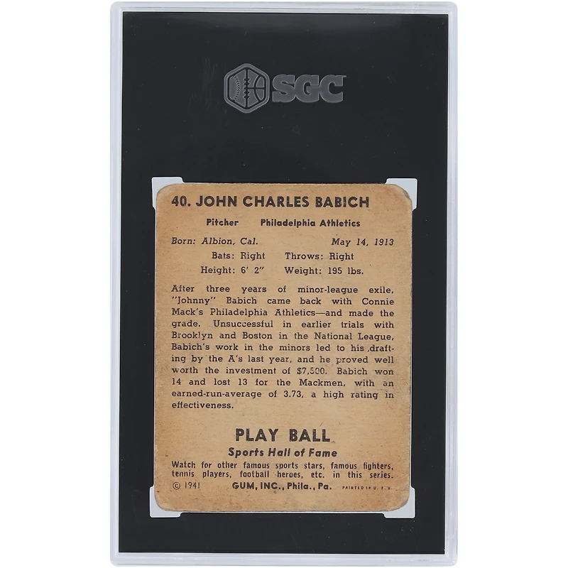 Johnny Babich Athletics 1941 Play Ball #40 SGC Authenticated 1 Card
