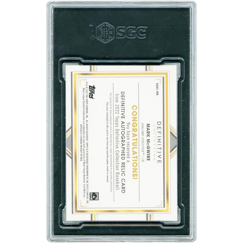 Mark McGwire Oakland Athletics Autographed 2022 Topps Definitive Collection Game-Used Relic Green #DARC-MM #7/10 SGC Authenticated 9.5/10 Card