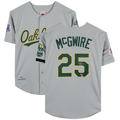 Maillot authentique Mitchell & Ness gris autographié par Mark McGwire des Athletics d'Oakland, Série mondiale 1989