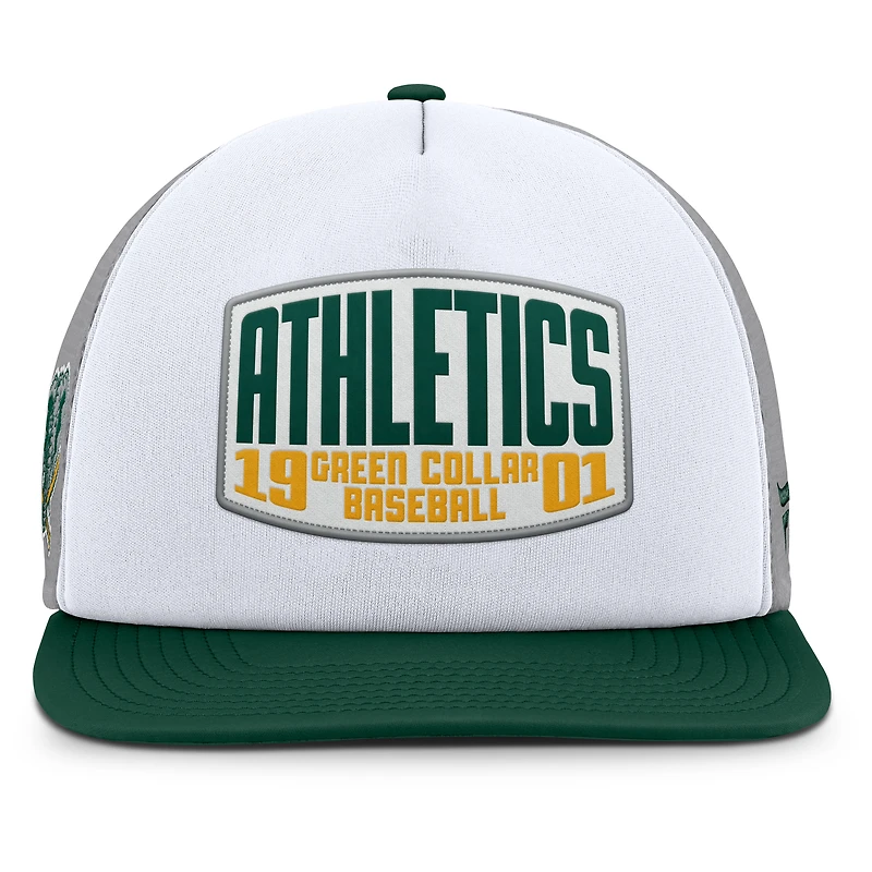 Casquette ajustable Fanatics grise/blanche pour homme, collection Cooperstown, Oakland Athletics, avec patch avant en mousse à manivelle