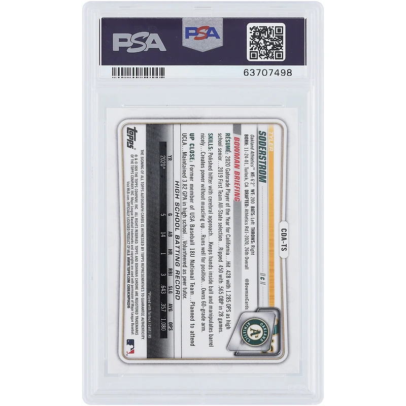 Tyler Soderstrom Oakland Athletics Autographié 2020 Bowman Chrome 1er Bowman Vert #CDA-TS #38/99 PSA Authentifié 10 Carte