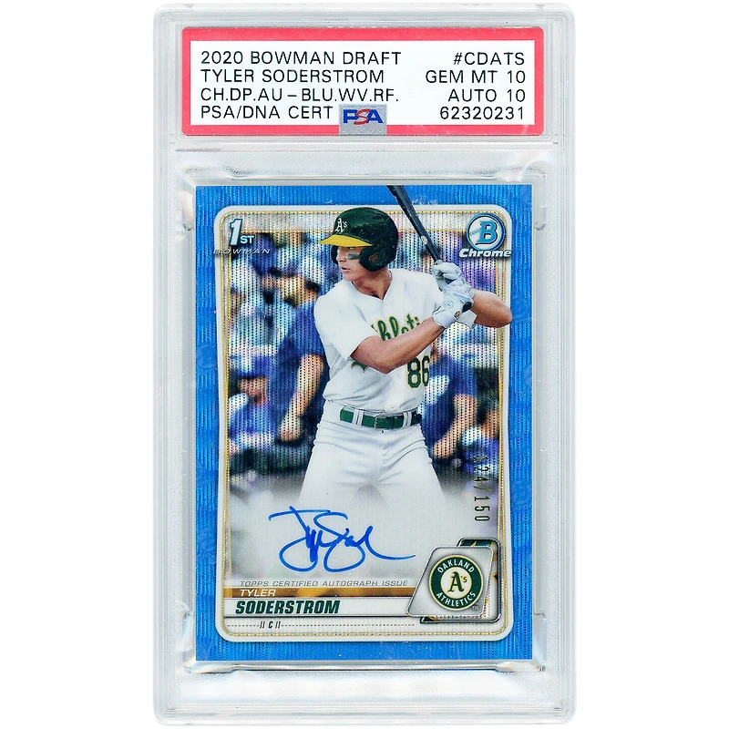 Carte autographiée par Tyler Soderstrom des Athletics d'Oakland (édition 2020 Bowman Chrome Blue Wave Refractor #CDA-TS #124/150), authentifiée PSA (10/10).