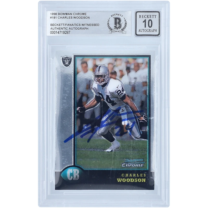 Carte de recrue 10.10 de Charles Woodson, Oakland Raiders, signée par Bowman Chrome (n° 181), certifiée par Fanatics Witnessed (1998).